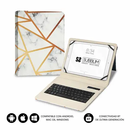 Funda Con Teclado Keytab Pro Bluetooth Trendy Mármol Blanco