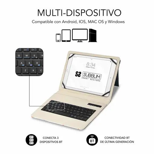 Funda Con Teclado Keytab Pro Bluetooth Trendy Mármol Blanco