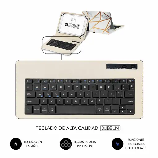 Funda Con Teclado Keytab Pro Bluetooth Trendy Mármol Blanco