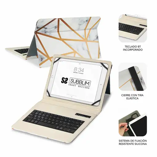 Funda Con Teclado Keytab Pro Bluetooth Trendy Mármol Blanco