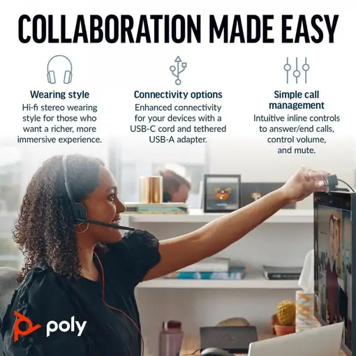 POLY Auriculares Blackwire 3220 estéreo USB-C negro + adaptador USB-C/A (paquete)