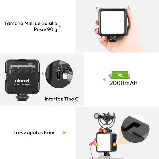 Luz LED 500K 49 LEDs CRI 95+ Recargable Zapata Fría