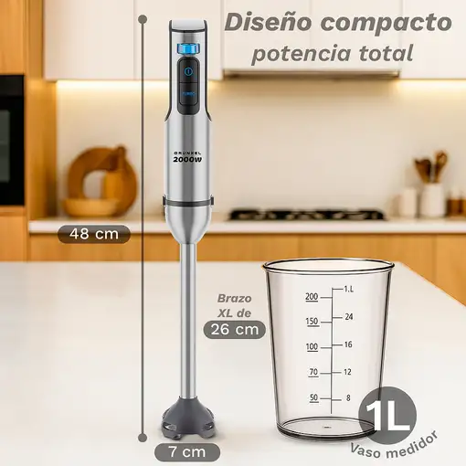 Batidora de mano inox, 2000 W, con vaso, picadora, varilla, BM-2000SET GRUNKEL