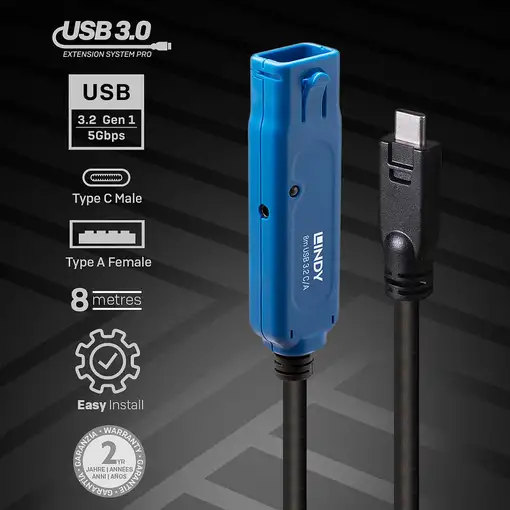 Lindy 43381 cable USB USB 3.2 Gen 1 (3.1 Gen 1) 8 m USB C USB A Negro, Azul