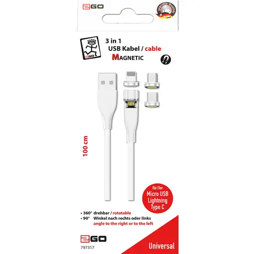 2GO 797317 cable USB 1 m USB B USB C/Micro-USB B/Lightning Blanco