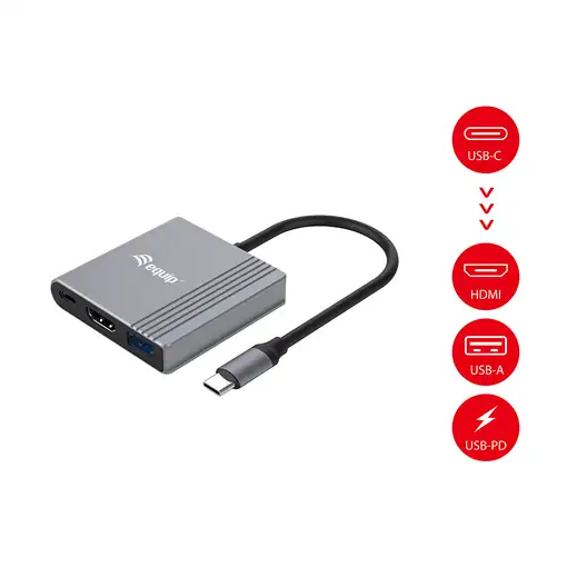 Equip Adaptador 3 en 1 USB-C a HDMI / USB-A / USB PD, 4K/60Hz, 100W USB PD