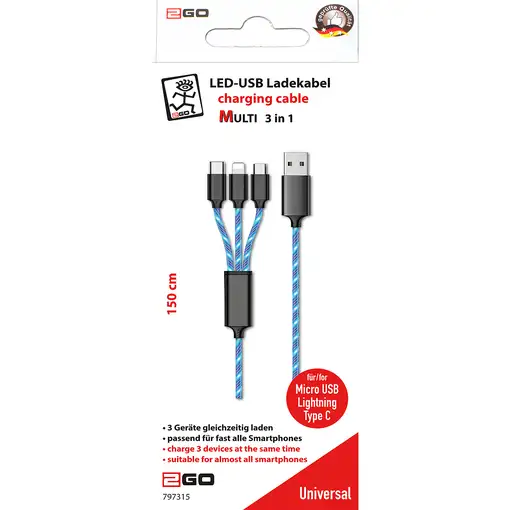 2GO 797315 cable USB 1,5 m USB B USB C/Micro-USB B/Lightning Negro, Azul