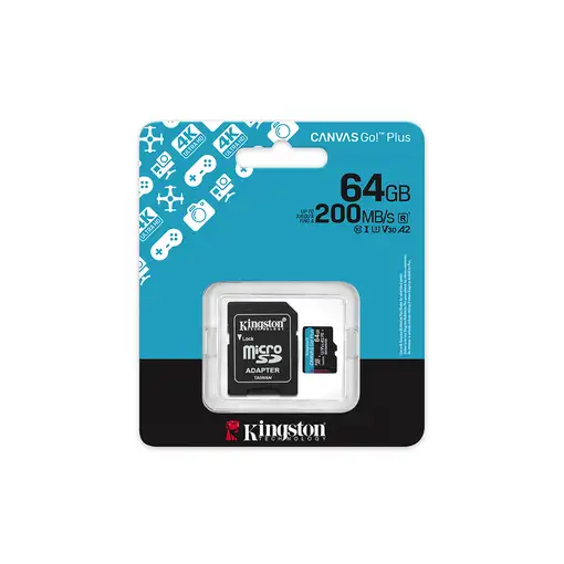 Kingston Technology Tarjeta microSDXC Canvas Go Plus Gen4 de 64 GB, 200 MB/s, A2 U