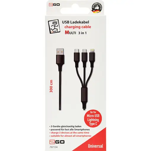 2GO 797154 cable USB 3 m USB B USB C/Micro-USB B/Lightning Negro