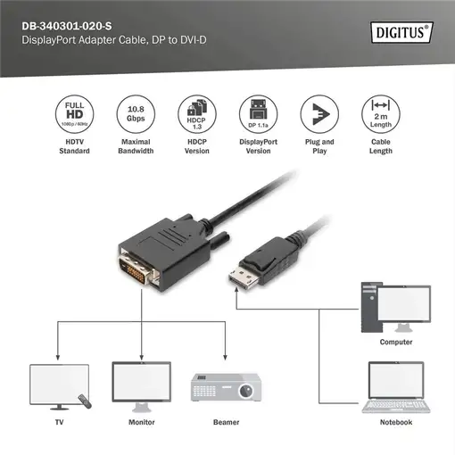 Digitus Cable adaptador DisplayPort, DP a DVI-D