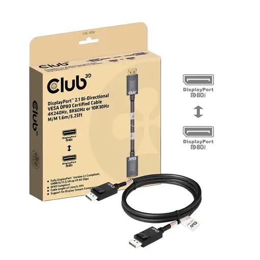 CLUB3D DisplayPort™ 2.1 Cable certificado VESA DP80 bidireccional 4K240Hz, 8K60Hz