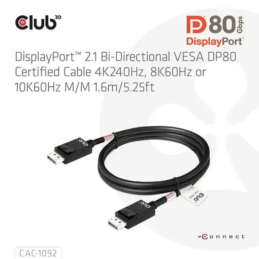 CLUB3D DisplayPort™ 2.1 Cable certificado VESA DP80 bidireccional 4K240Hz, 8K60Hz