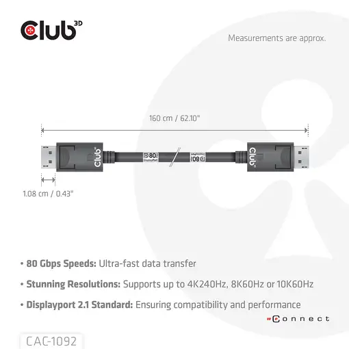 CLUB3D DisplayPort™ 2.1 Cable certificado VESA DP80 bidireccional 4K240Hz, 8K60Hz