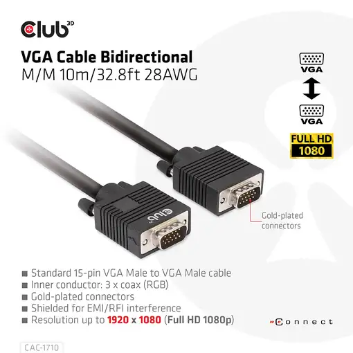 CLUB3D CAC-1710 cable VGA 10 m VGA (D-Sub) Negro