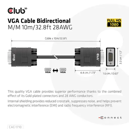 CLUB3D CAC-1710 cable VGA 10 m VGA (D-Sub) Negro