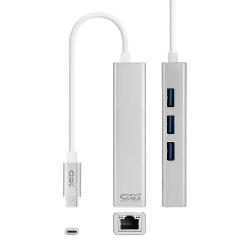 Nanocable Conversor USB-C a Ethernet Gigabit + 3xUSB 3.0, Plata, 15 cm