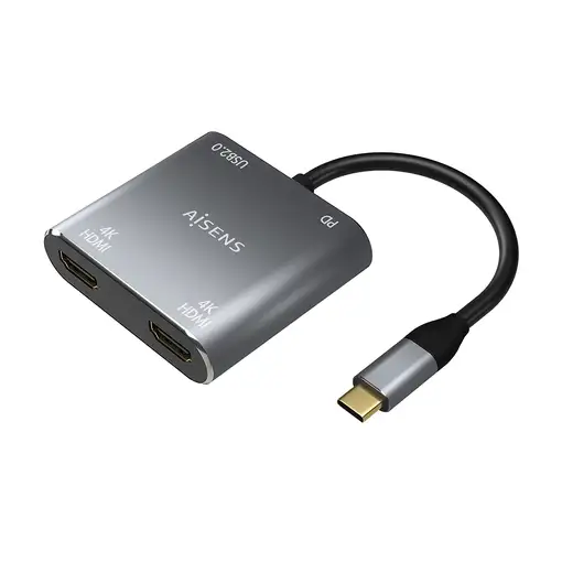 AISENS Conversor USB-C a 2XHDMI 4K SST MST/USB2.0/USB-C PD 60W, USB-C/M-2XHDMI/H-U