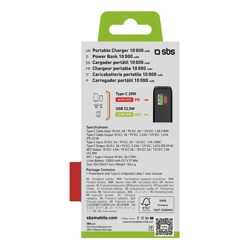 SBS TTBB10000LCDTCPD20K batería externa Ión de litio 10000 mAh Negro