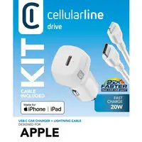 Cellularline USB-C Car Charger Kit 20W - USB-C to Lightning - iPhone 8 or later