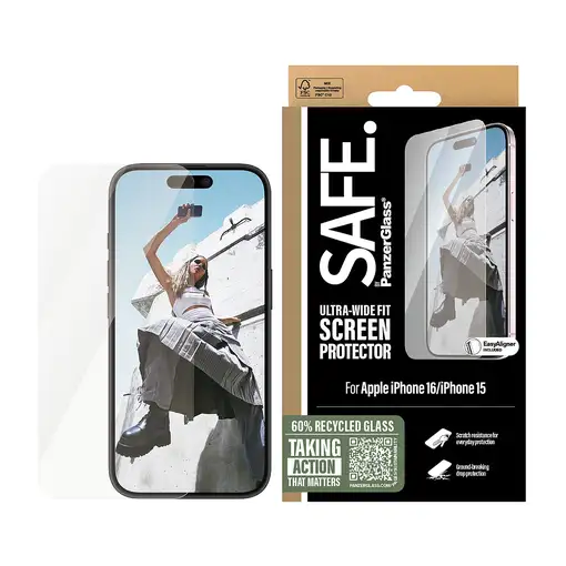 PanzerGlass SAFE. by ® Screen Protector iPhone 16 | 15 | Ultra-Wide Fit Protector