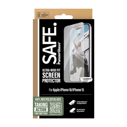PanzerGlass SAFE. by ® Screen Protector iPhone 16 | 15 | Ultra-Wide Fit Protector