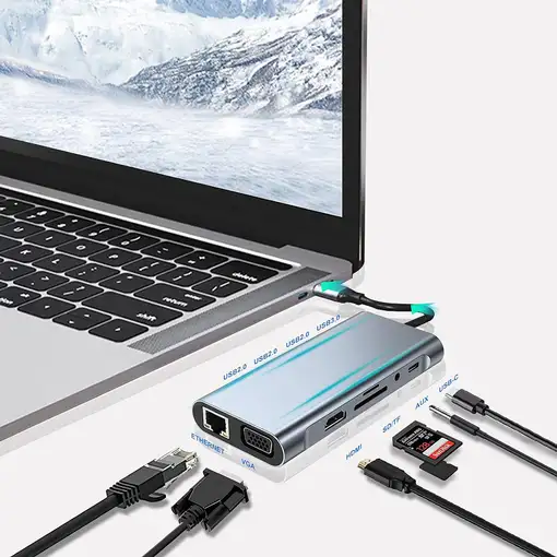 Adaptador Klack HUB USB-C a HDTV 10 en 1, 4K HDMI, VGA, Puertos USB 3.0, SD/TF