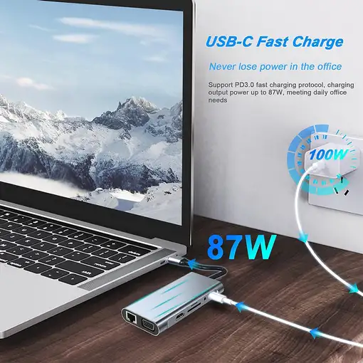 Adaptador Klack HUB USB-C a HDTV 10 en 1, 4K HDMI, VGA, Puertos USB 3.0, SD/TF