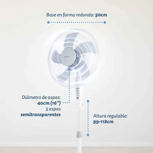 Ventilador Grunkel FAN-165X blanco, 50W, 3 vel., 5 aspas, altura regulable
