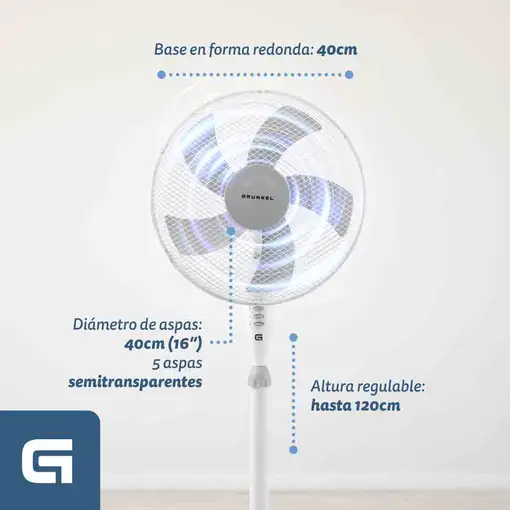 Ventilador Grunkel FAN-165R, 50W, 3 vel., 5 aspas, base redonda, altura regulable