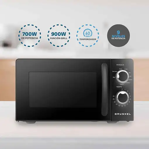 Microondas con grill negro, 20L, 700 W, MWG-20NG GRUNKEL