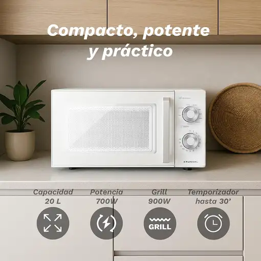 Microondas con grill blanco, 20L, 900 W, MWG-20MG GRUNKEL