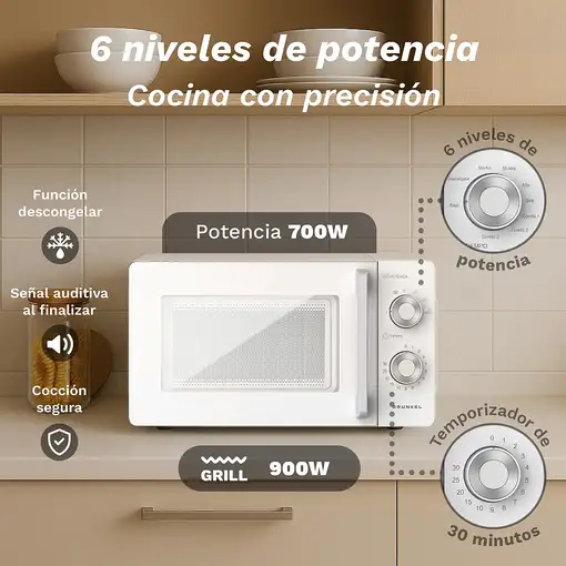 Microondas con grill blanco, 20L, 900 W, MWG-20MG GRUNKEL