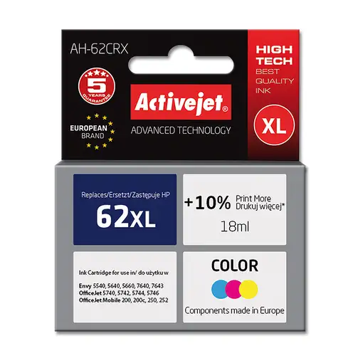 Activejet Tinta AH-62CRX (repuesto HP 62XL C2P07AE; Premium; 18 ml; color)