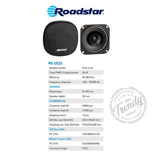 Altavoces de Coche 10cm, Coaxial,Audio 2 Vías,2 Altavoces,PMPO 30W,PS1015 Roadstar