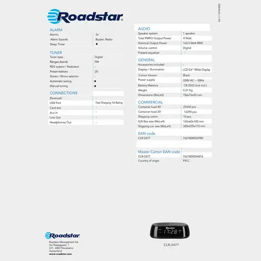 Roadstar CLR2477 radio Reloj Digital Negro