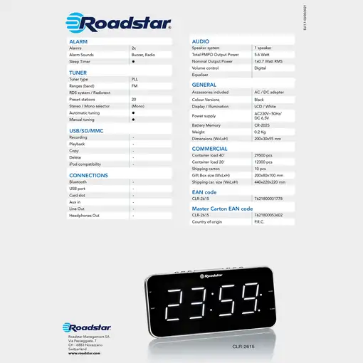 Roadstar CLR-2615 radio Reloj Analógica Negro