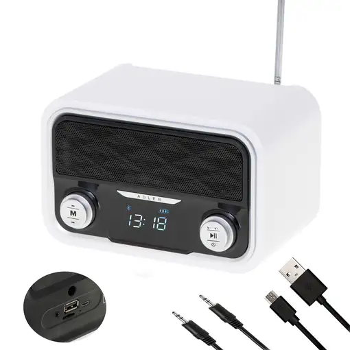 Radio Bluetooth, FM, Memoria 50 Emisoras, MP3, Puerto USB-Tarjeta SD, AD1185 Adler