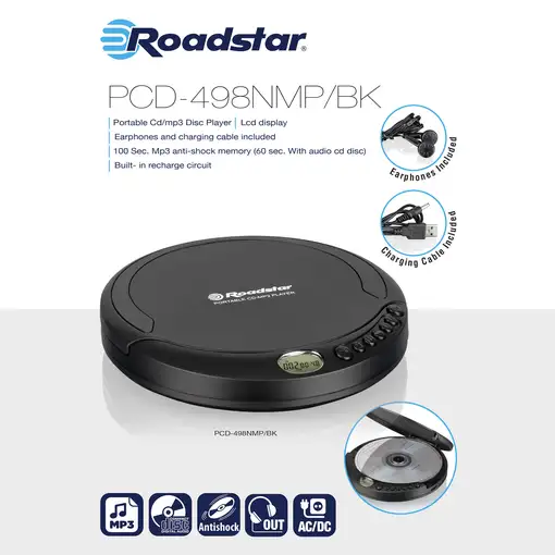 Roadstar PCD-498MP Reproductor de CD portátil Negro