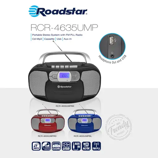 Radio CD Portátil Cassette, Digital PLL FM, Reproductor CD, RCR-4635UMPBL Roadstar