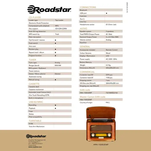 Roadstar HRA1500UEMP radio Personal Analógica Madera