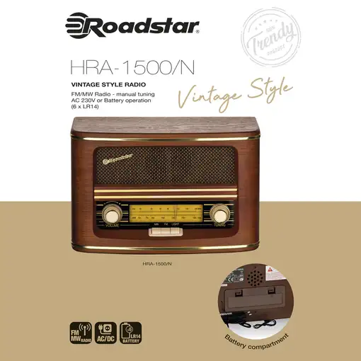 Radio Portátil Vintage Retro FM/ MW Analógica, Red o a Pilas, HRA-1500N Roadstar