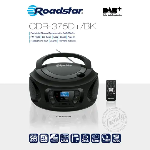 Radio Portátil DAB DAB+ FM, Reproductor CD-MP3, USB, AUX-IN, CDR-375D+/BK Roadstar