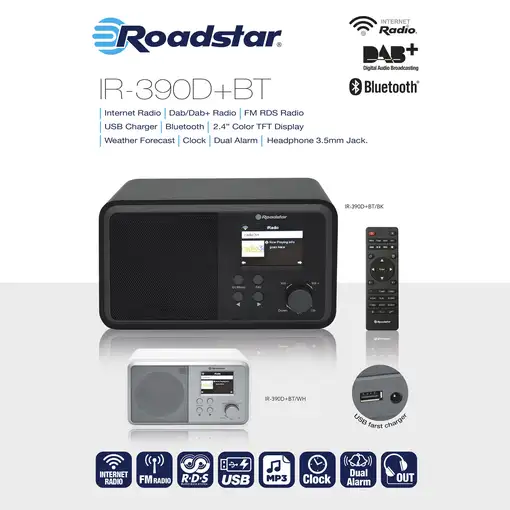 Radio Internet Wi-Fi y Digital DAB/ DAB+/ FM, Bluetooth,USB,IR-390D+BT/BK Roadstar