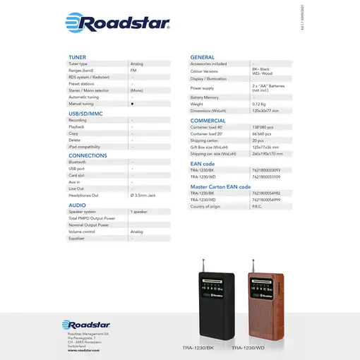 Radio Portátil FM Analógica, Funciona a Pilas,Toma Auriculares TRA-1230BK Roadstar