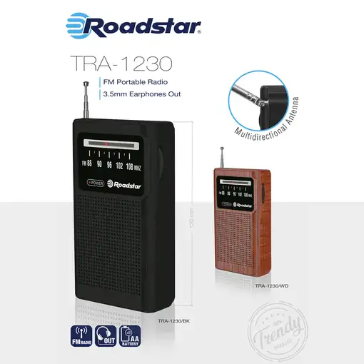 Radio Portátil FM Analógica, Funciona a Pilas,Toma Auriculares,TRA-1230WD Roadstar