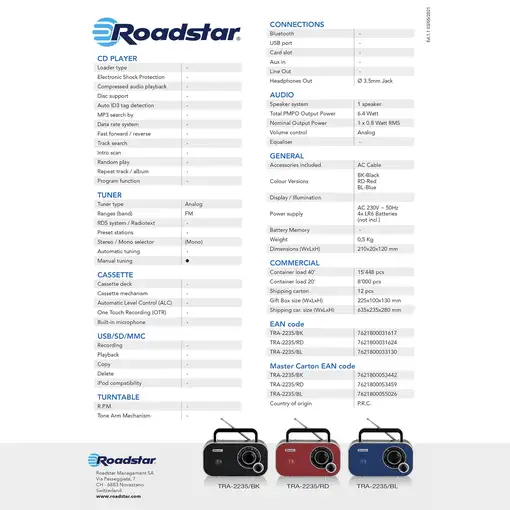 Radio Portátil FM Analógica Funciona Red /Pilas,Pequeño Ligero,TRA-2235RD Roadstar