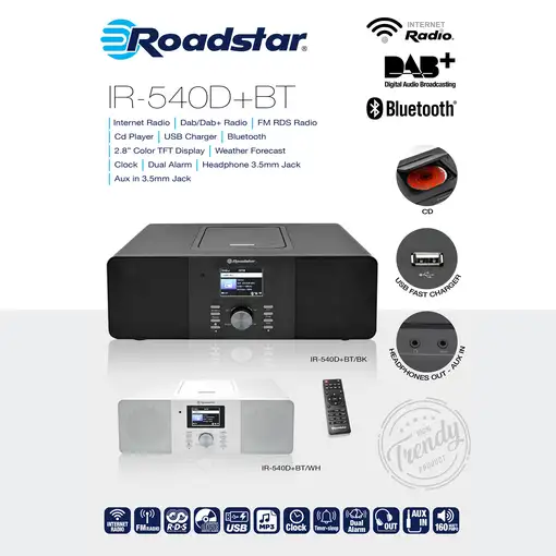 Microcadena Radio Internet Wi-Fi DAB+/FM, Reproductor CD-MP3,IR-540D+BTWH Roadstar