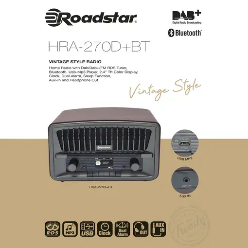 Radio Portátil Vintage Digital DAB/DAB+/FM Bluetooth USB, HRA-270D+BT Roadstar