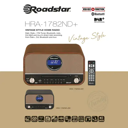 Microcadena Vintage Radio DAB/DAB+/FM, Reproductor CD-MP3, HRA1782NDBT Roadstar