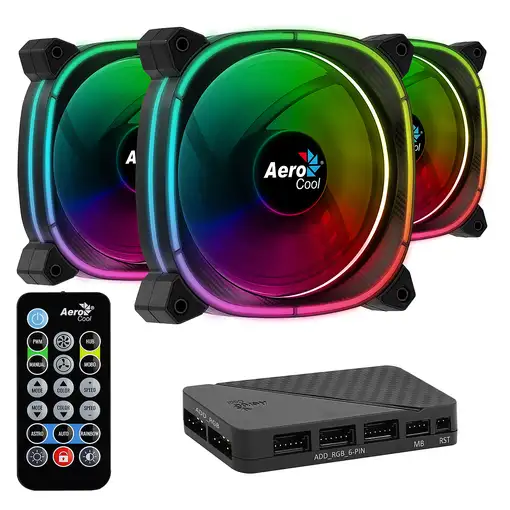 Aerocool ASTRO12PRO Kit 3 Ventiladores PC 12cm LED RGB Antivibración Control Remot